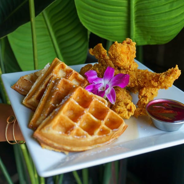 Golden fried chicken and waffles with powdered sugar, a purple orchid, and dipping sauce on a white plate.