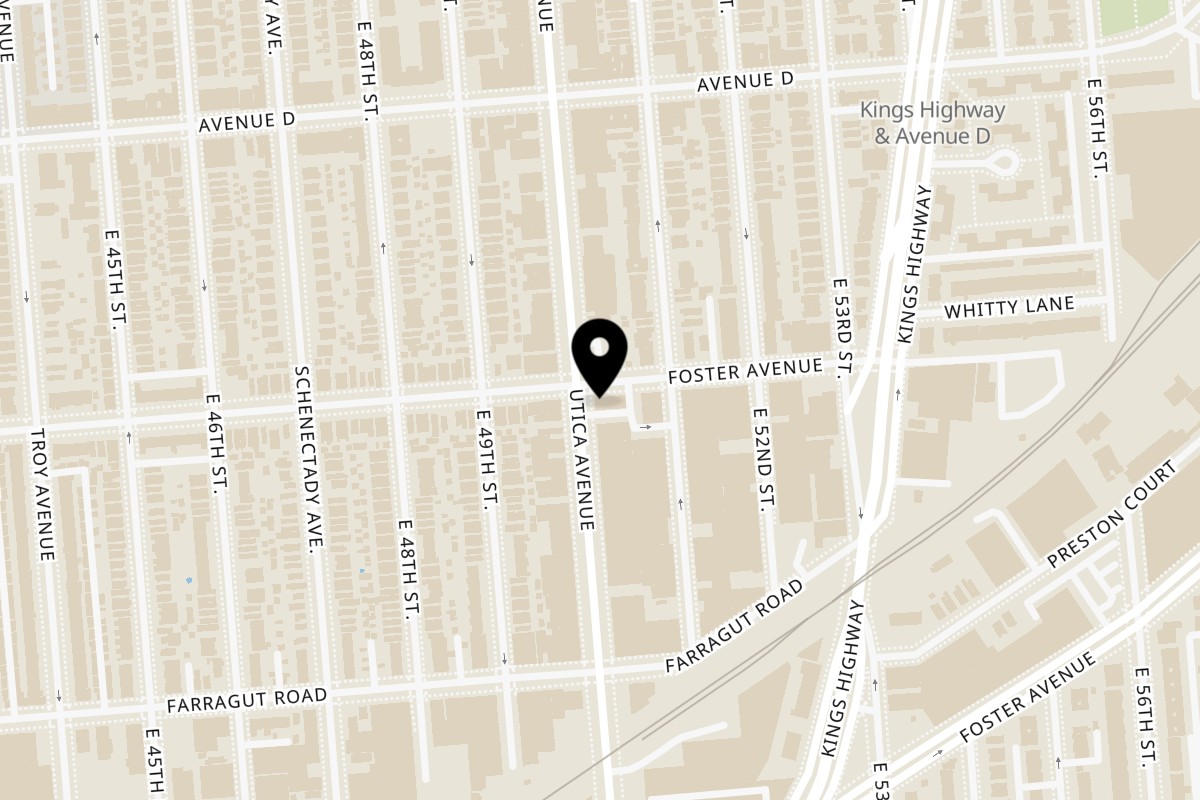 Map showing the location of Bamboo Walk Caribbean Restaurant on 1343 Utica Ave in Brooklyn